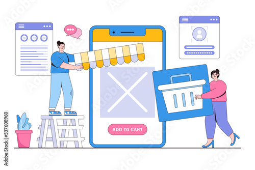 Flat design developer and designer team create online shop on mobile phone concept. Outline style minimal vector illustration