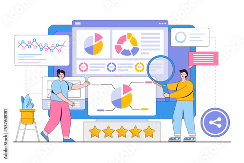 Flat young entrepreneurs review reports and analyze data concept. Outline design style minimal vector illustration