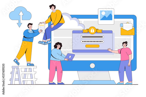 Flat Business data storage recovery and backup concept. Workers restore media files into cloud storage on virtual server. Outline design style minimal vector illustration