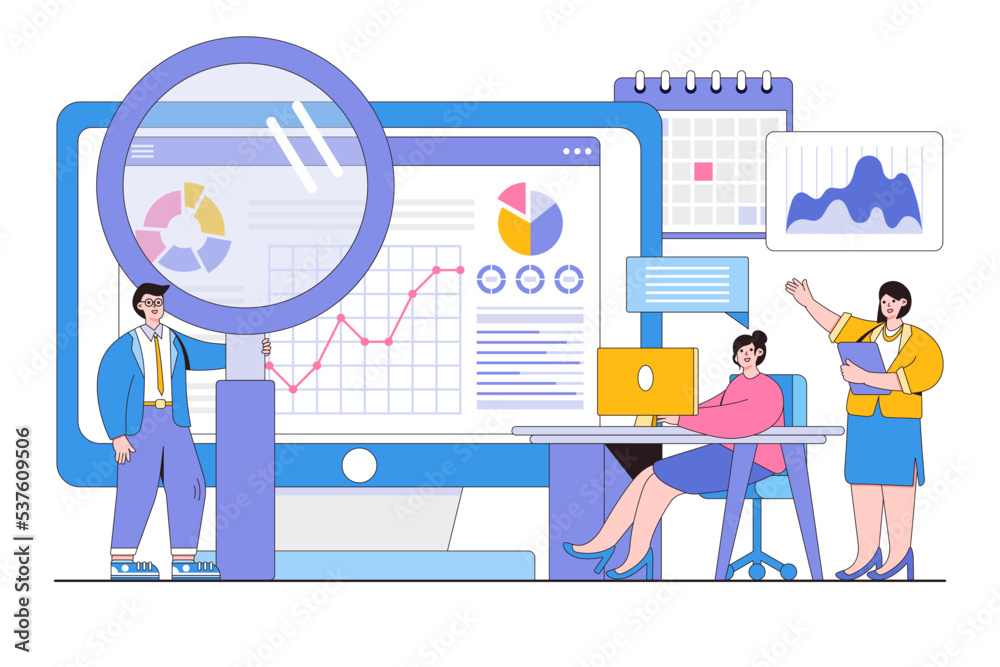 Flat data analysis, statistical for business finance investment on monitor graph dashboard concept. Outline design style minimal vector illustration