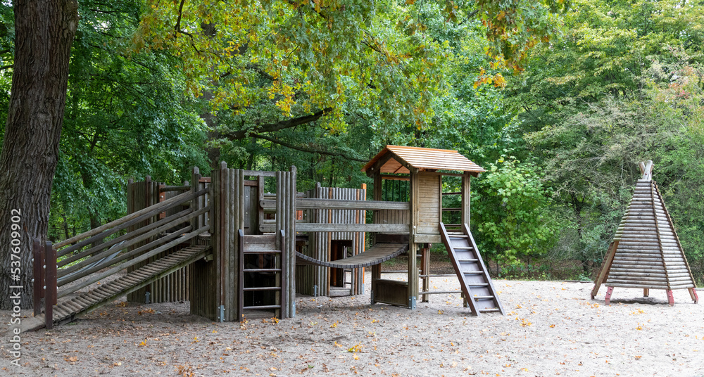 Playground with various wooden devices in the forest Playground with various wooden devices in the forest