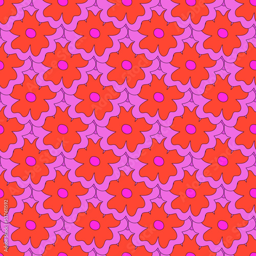 square vector seamless pattern - flower in hippie style.1970 good vibes.Funky and groovy 1980 daisy flower.1960 psychedelic ornament.Summer botanic back.Floral fall autumn naive social media template