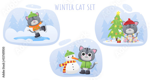 Set of winter posters with cute gray cat, kitty with Christmas tree, snowman, black skates on ice rink on blue background. Vector illustration for postcard, banner, web, design, arts, calendar.