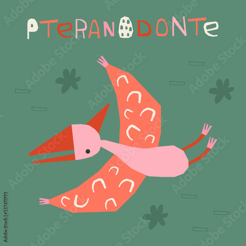 dinosaur vector illustration in hand drawn style. cute image of pteranodon for textile, fabric, educational cards