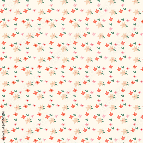 Flowers in orange shades on beige seamless vector retro pattern. Repeating floral background in Provence style. Vintage style. Use for fabric, wallpaper, home decor