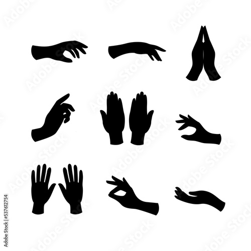 Set black silhouette feminine hands. Decorative illustration for sandblasting, laser and plotter cutting.