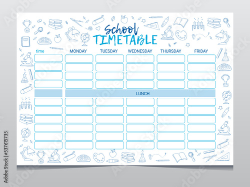 School timetable or lesson schedule template, vector education, subjects. Week chart or plan and study planner with school supplies, student stationery, microscope, magnifier and maths formulas