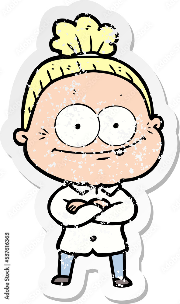 distressed sticker of a cartoon happy old woman distressed sticker of a cartoon happy old woman