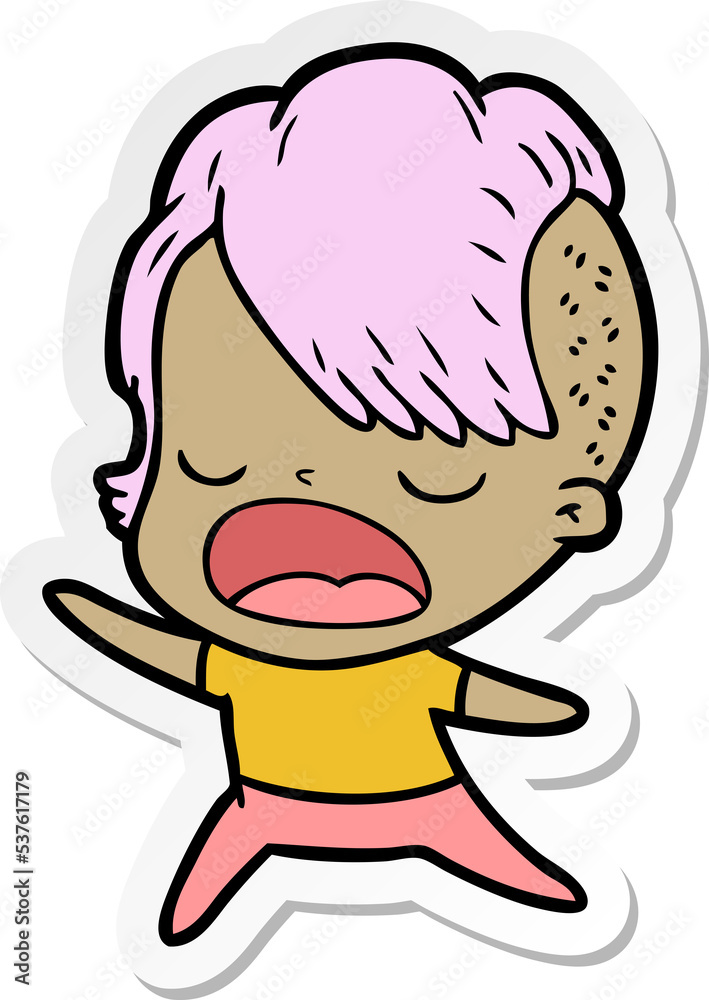 sticker of a cartoon cool hipster girl talking