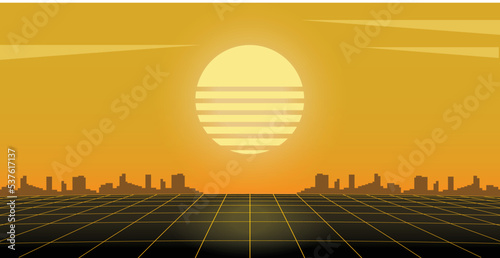 3d abstract 1980's retrowave, cyberpunk background with copy space, neon perspective grid
