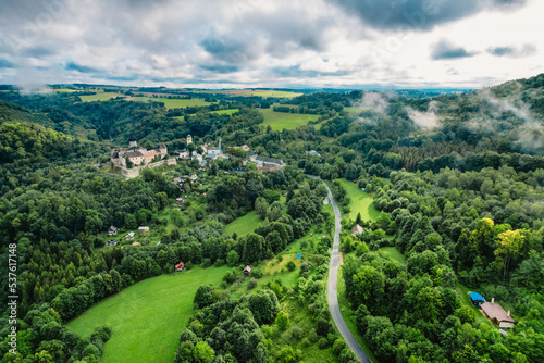 Castle Sovinec, Eulenburg, robust medieval fortress, one of the largest in Moravia, Czech republic. Czech landscape with medieval castle photo