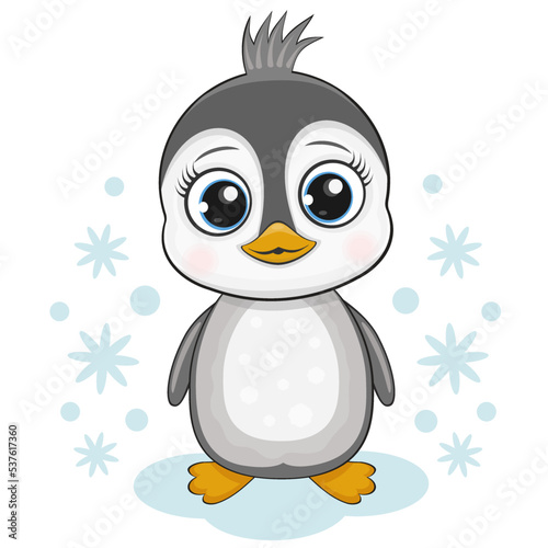 Vector illustration of a penguin and snowflakes. Polished on a white background.