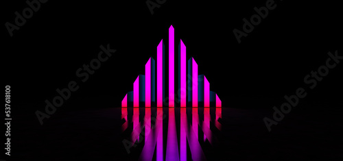 A glowing purple neon pyramid consisting of vertical stripes stands on a glossy floor in a dark space. A glowing neon triangular sign is reflected in the glossy floor. Glowing pyramid.