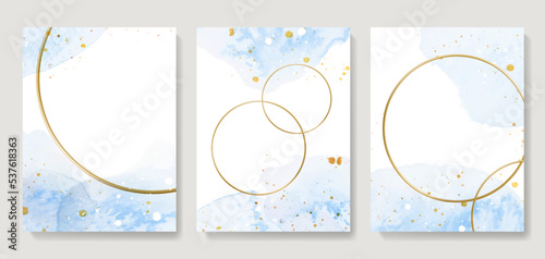 Abstract set with wedding invitations with watercolor textures and gold rings. Ink elegant set for card design, invitation, print, poster, banner.