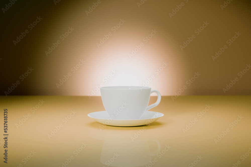 White porcelain cup of gloss floor. Lit brown background