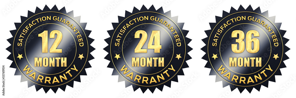 Set of 12, 24, 36 month black and gold warranty label icons isolated