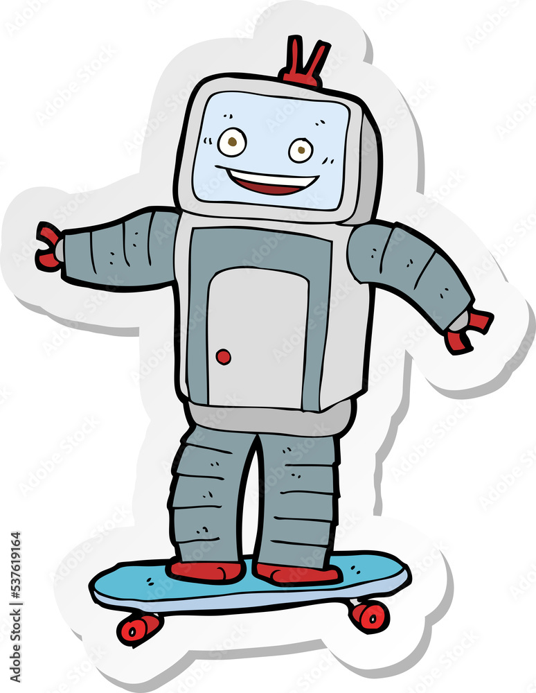 sticker of a cartoon skateboarding robot sticker of a cartoon skateboarding robot