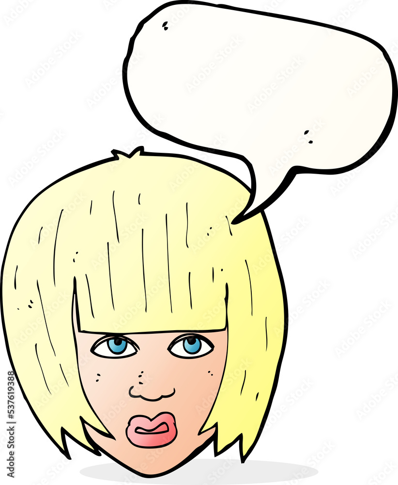 cartoon annoyed girl with big hair with speech bubble