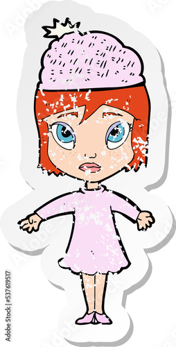 retro distressed sticker of a cartoon woman wearing winter hat