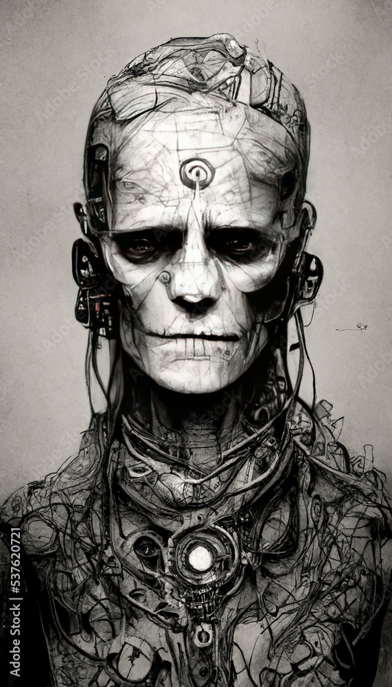 cyborg robotic head, robot skull with engineering and mechanical parts, future image
