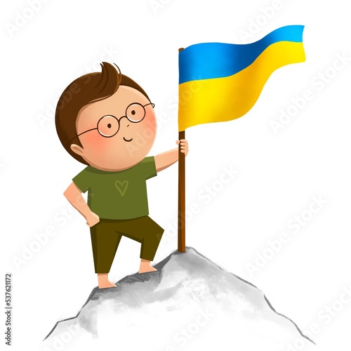 Little boy with Ukrainian flag climbs on mountain. illustration in flat cartoon simple style.