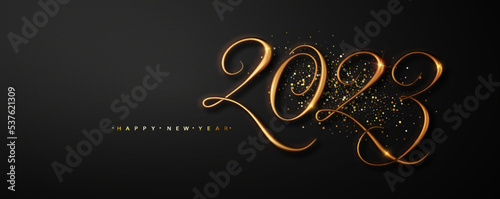 New year banner with realistic golden numbers 2023 on dark background with golden dust.