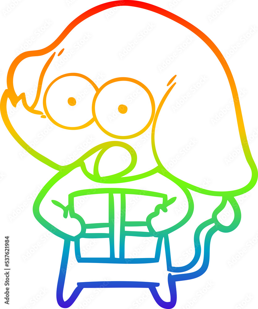 Obraz premium rainbow gradient line drawing of a cute cartoon elephant with christmas present