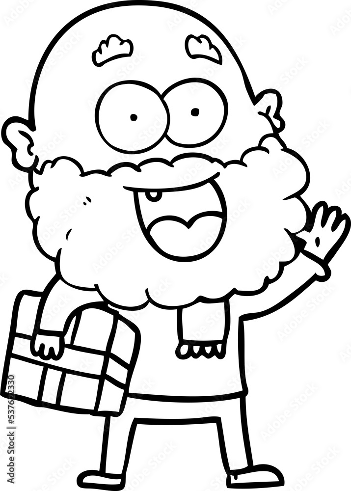 cartoon crazy happy man with beard and gift under arm