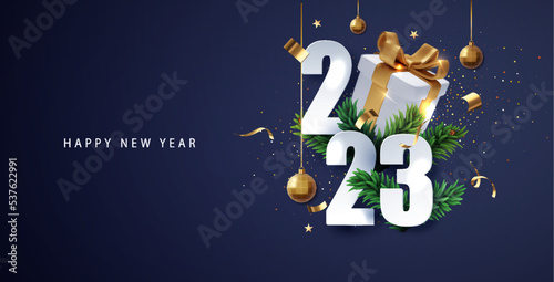 2023 Happy New Year banner wit realistic gift box. Christmas 2023 Poster, banner, cover card, brochure, flyer, layout desig.
