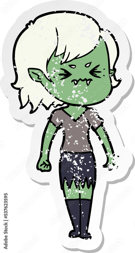Fototapeta premium distressed sticker of a annoyed cartoon vampire girl