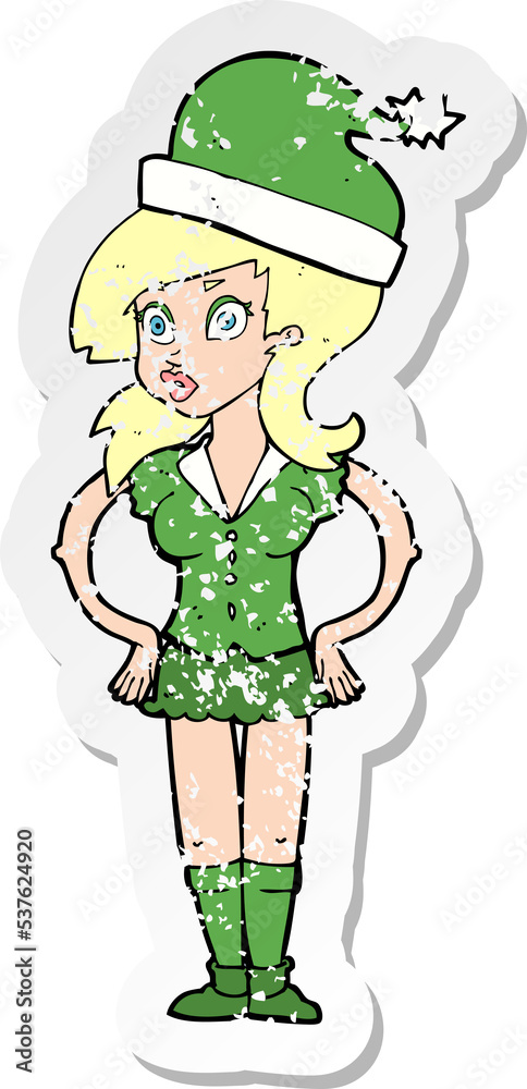 retro distressed sticker of a cartoon santas helper retro distressed sticker of a cartoon santas helper