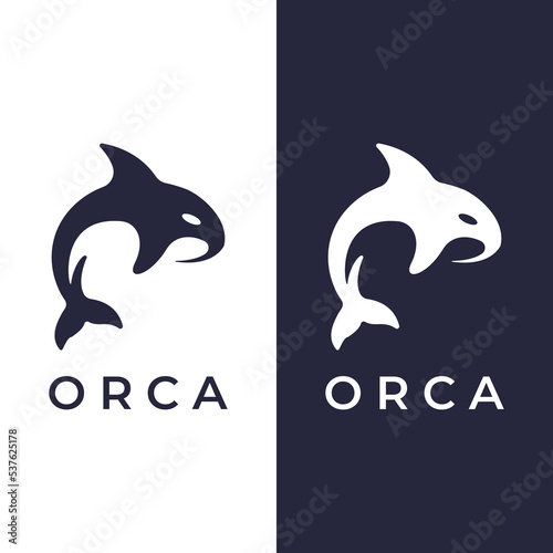 Simple black orca whale animal template logo creative design. Killer underwater animal. Logo for business, identity and branding.