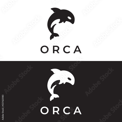 Simple black orca whale animal template logo creative design. Killer underwater animal. Logo for business, identity and branding.
