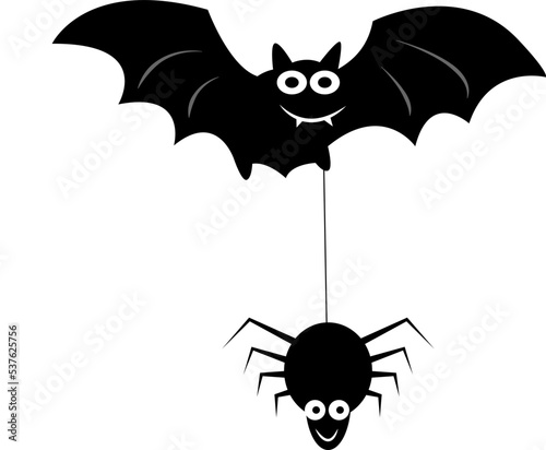 vector illustration of a cheerful bat carrying a spider on a web. merry halloween