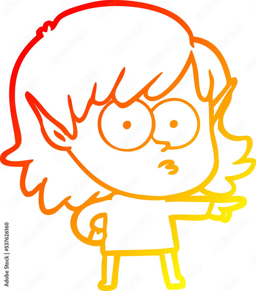 warm gradient line drawing of a cartoon elf girl pointing warm gradient line drawing of a cartoon elf girl pointing