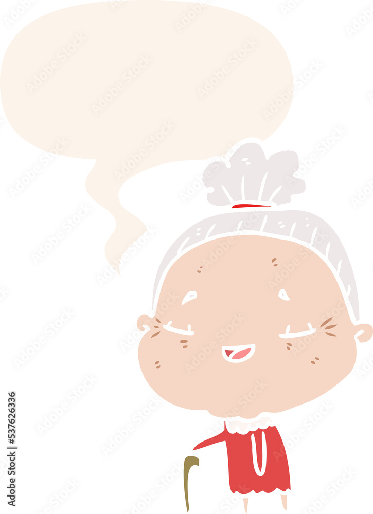 cartoon old woman with walking stick with speech bubble in retro style cartoon old woman with walking stick with speech bubble in retro style