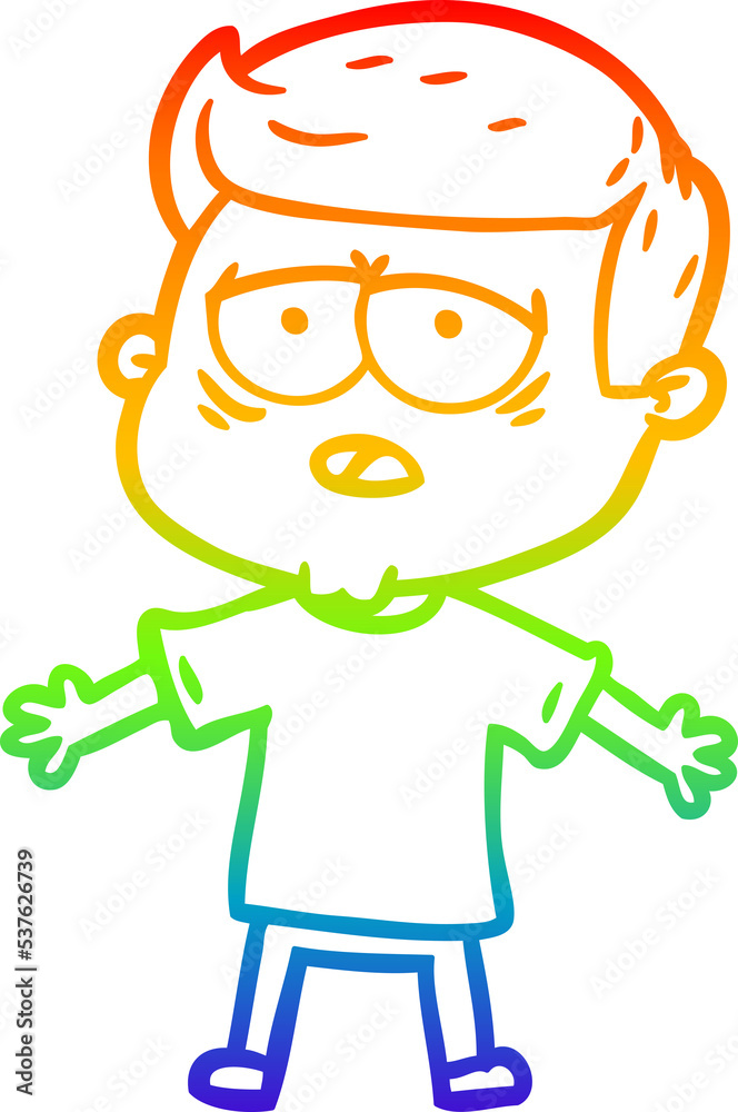 rainbow gradient line drawing of a cartoon tired man rainbow gradient line drawing of a cartoon tired man