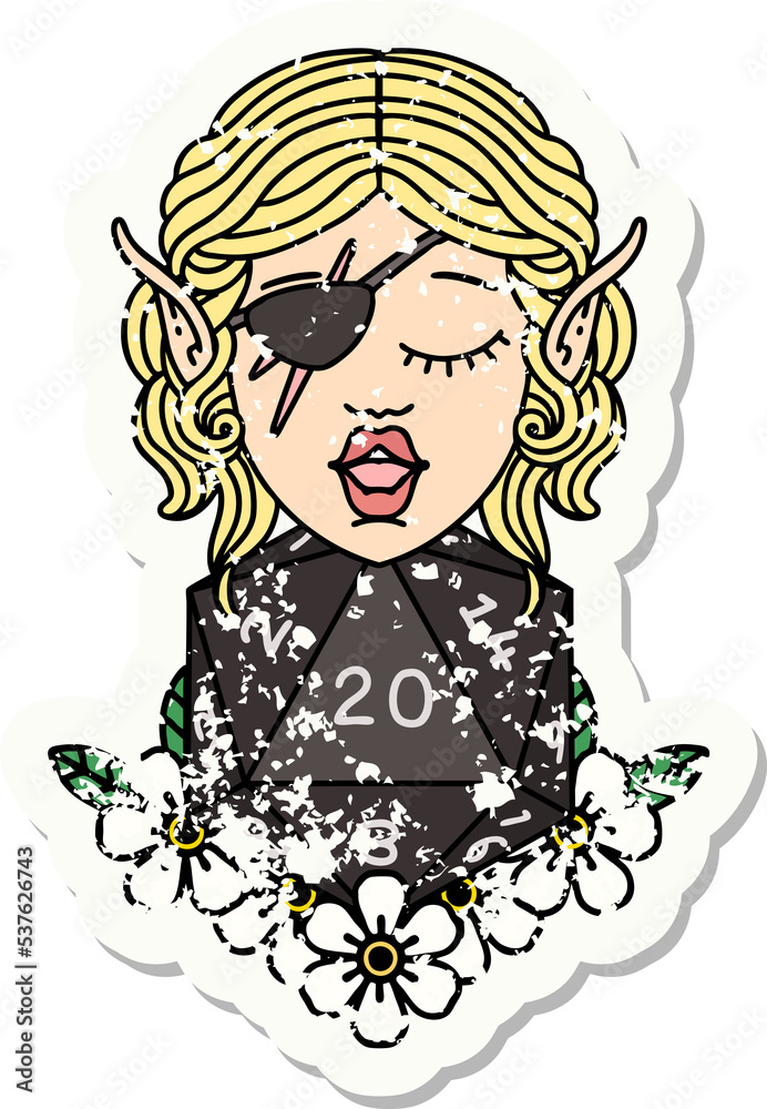 grunge sticker of a elf rogue character with natural twenty dice roll grunge sticker of a elf rogue character with natural twenty dice roll