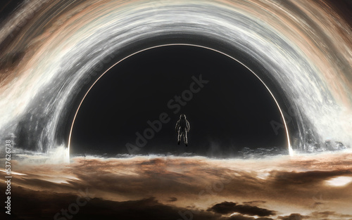 3D illustration of Astronaut looks at black hole and event horizon. 5K realistic science fiction art. Elements of image provided by Nasa