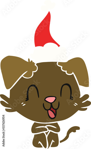 laughing hand drawn flat color illustration of a dog wearing santa hat