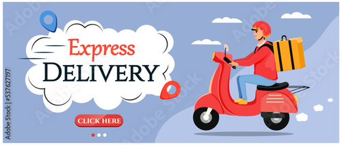 The guy on a scooter rides to the customers of the transportation and delivery of the parcel. Vector stock illustration. Lilac background. Modern cartoon style. Character in a helmet on transport.