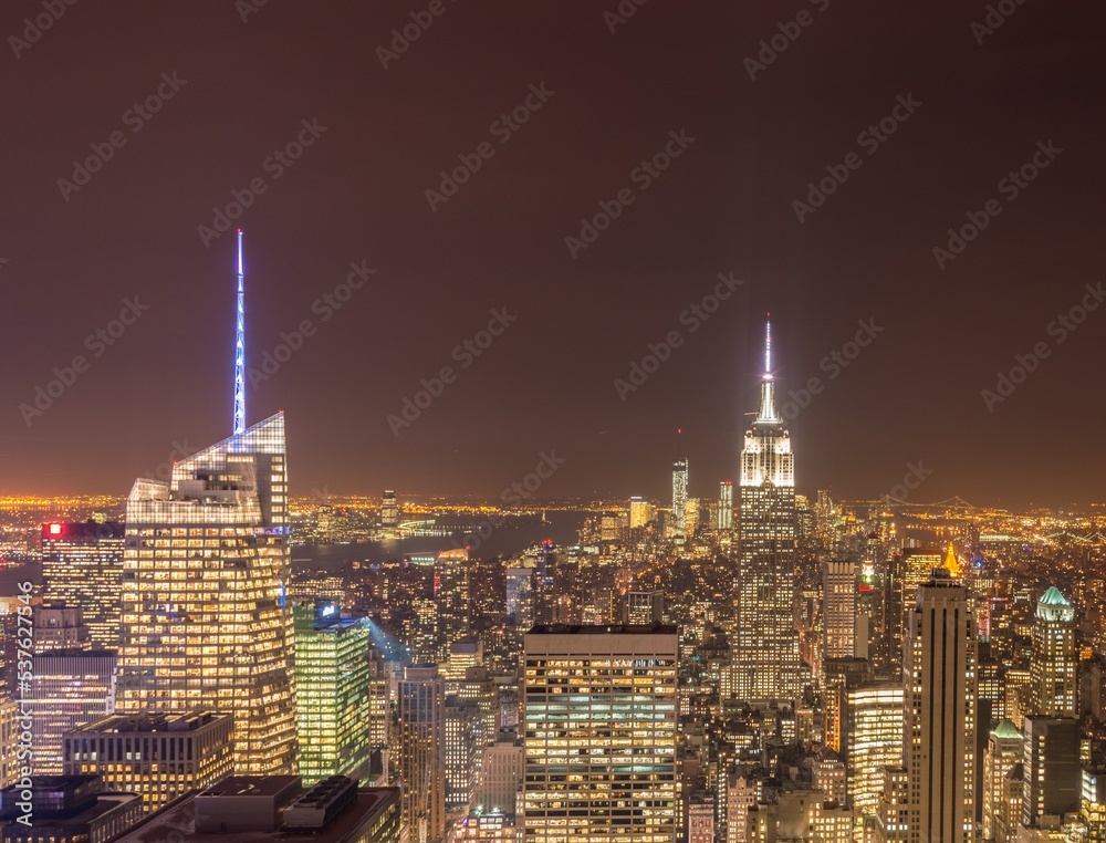 Night view of New York Manhattan during sunset