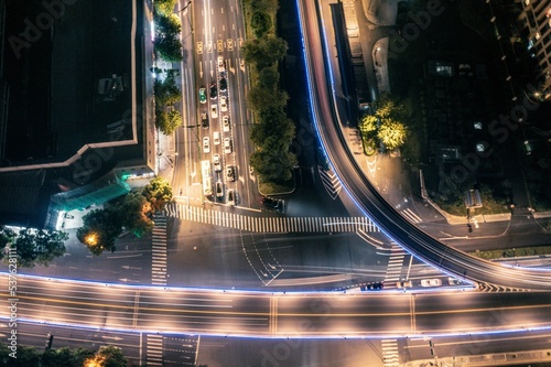 Aerial cityscape of Hangzhou with beautiful light trails in the streets in China photo