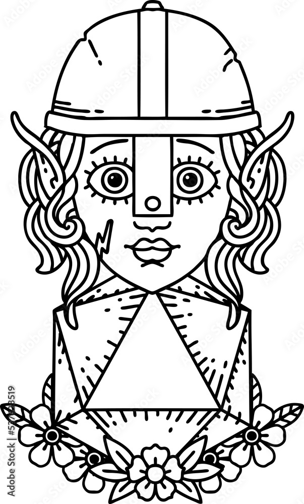 Black and White Tattoo linework Style elf fighter with natural twenty dice roll