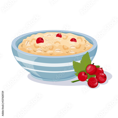 Oatmeal in blue cup with sprig of currant. English breakfast with red berries. Granola in fruit bowl