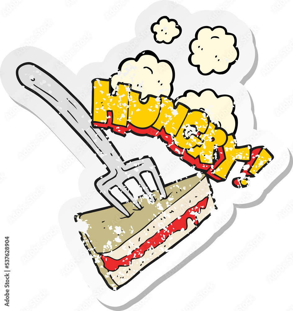 retro distressed sticker of a cartoon cake with fork retro distressed sticker of a cartoon cake with fork
