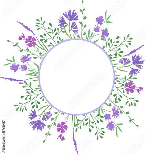 Vector image hand drawn style wild herbs and flowers round frame, blue and violet flowers, solated on white