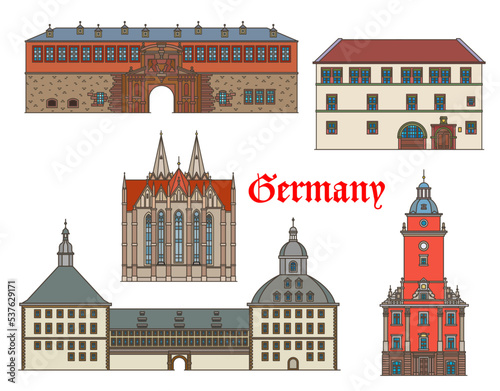 Germany buildings of Gotha and Muhlhausen, vector architecture and German landmarks. Thuringia buildings Petersberg Citadel fortress and Friedenstein Palace, Divi Blasii church and Rathaus city hall
