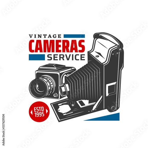 Vintage camera service icon, photography studio and photographer equipment shop vector sign. Old retro photo camera with flash or shutter and film, professional service and repair salon