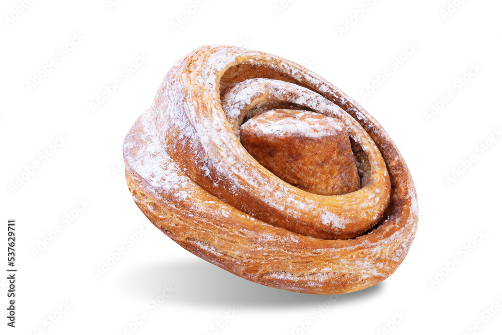 Fototapeta premium Cinnamon roll bun with sugar sprinkles on a white isolated background